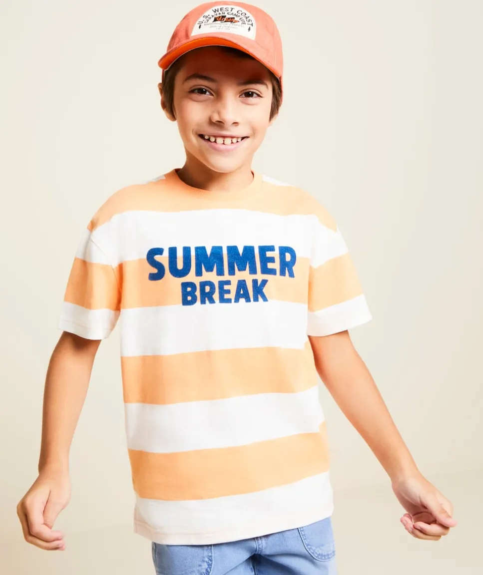 T-shirt manches courtes garçon en coton bio rayé orange et écru message summer