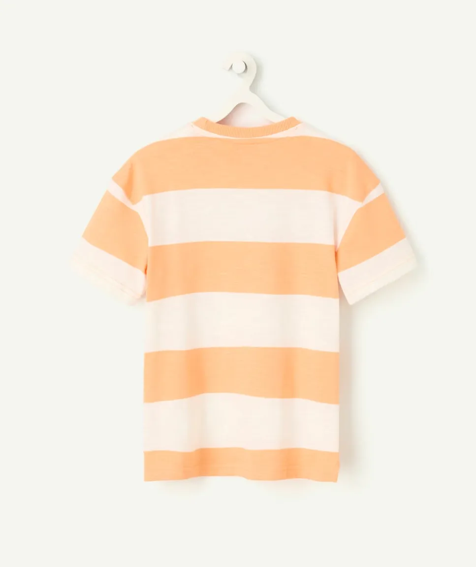 T-shirt manches courtes garçon en coton bio rayé orange et écru message summer