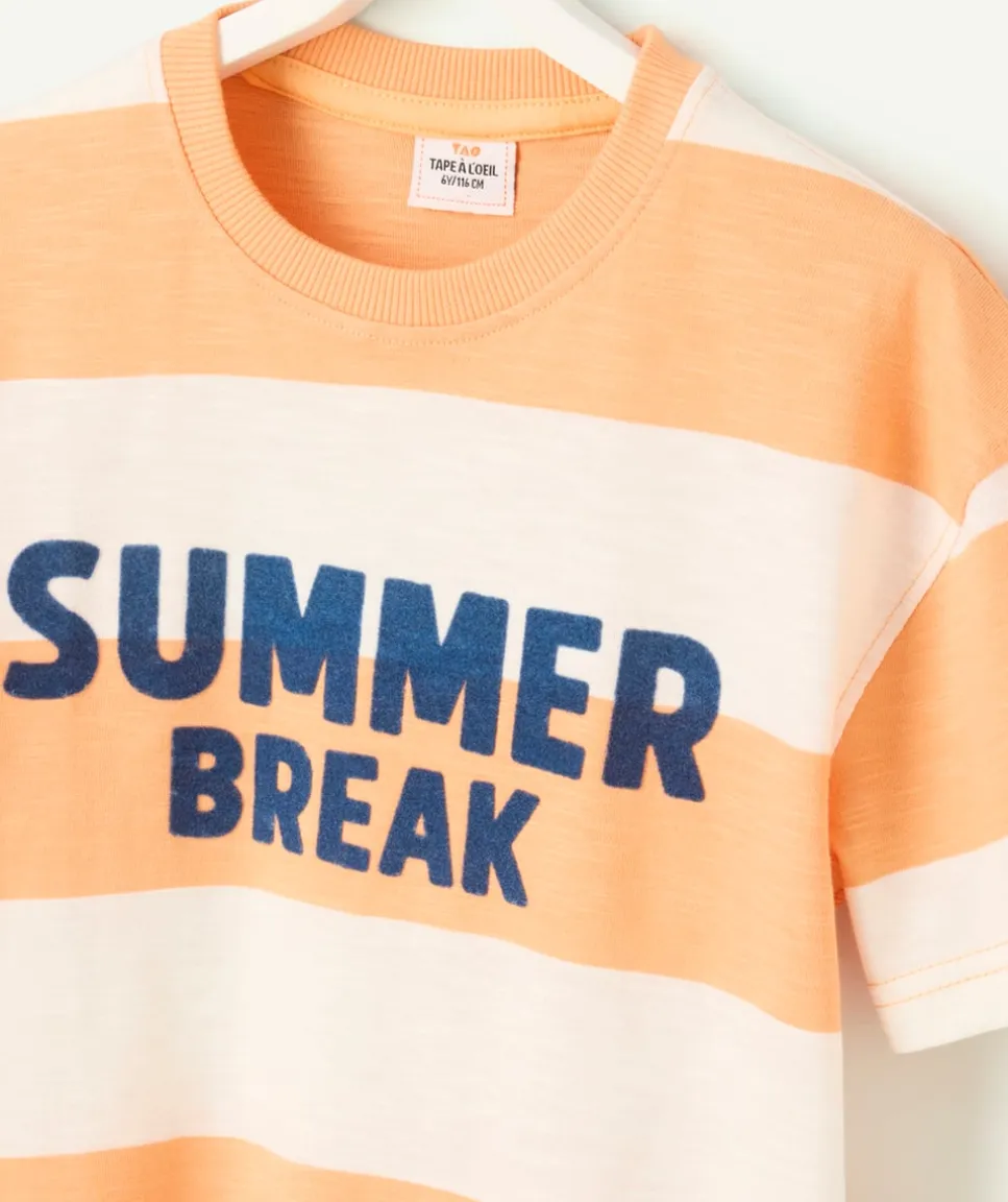 T-shirt manches courtes garçon en coton bio rayé orange et écru message summer