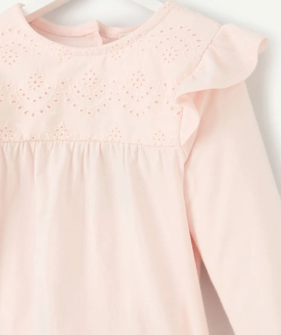 T-shirt manches longues bébé fille en coton bio rose pâle avec broderies