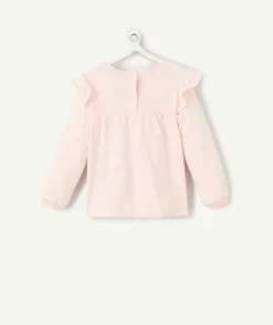 T-shirt manches longues bébé fille en coton bio rose pâle avec broderies