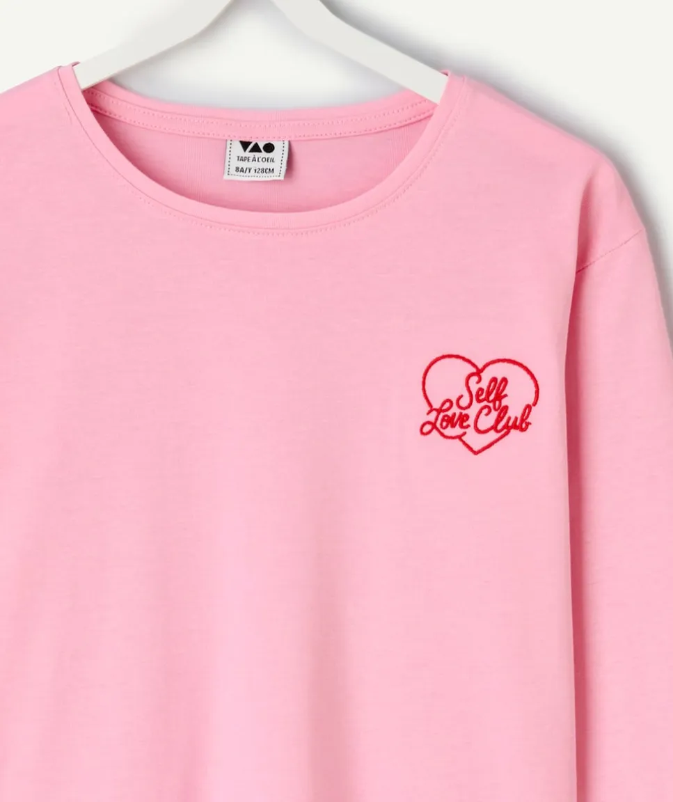 T-shirt manches longues fille coton rose brodé