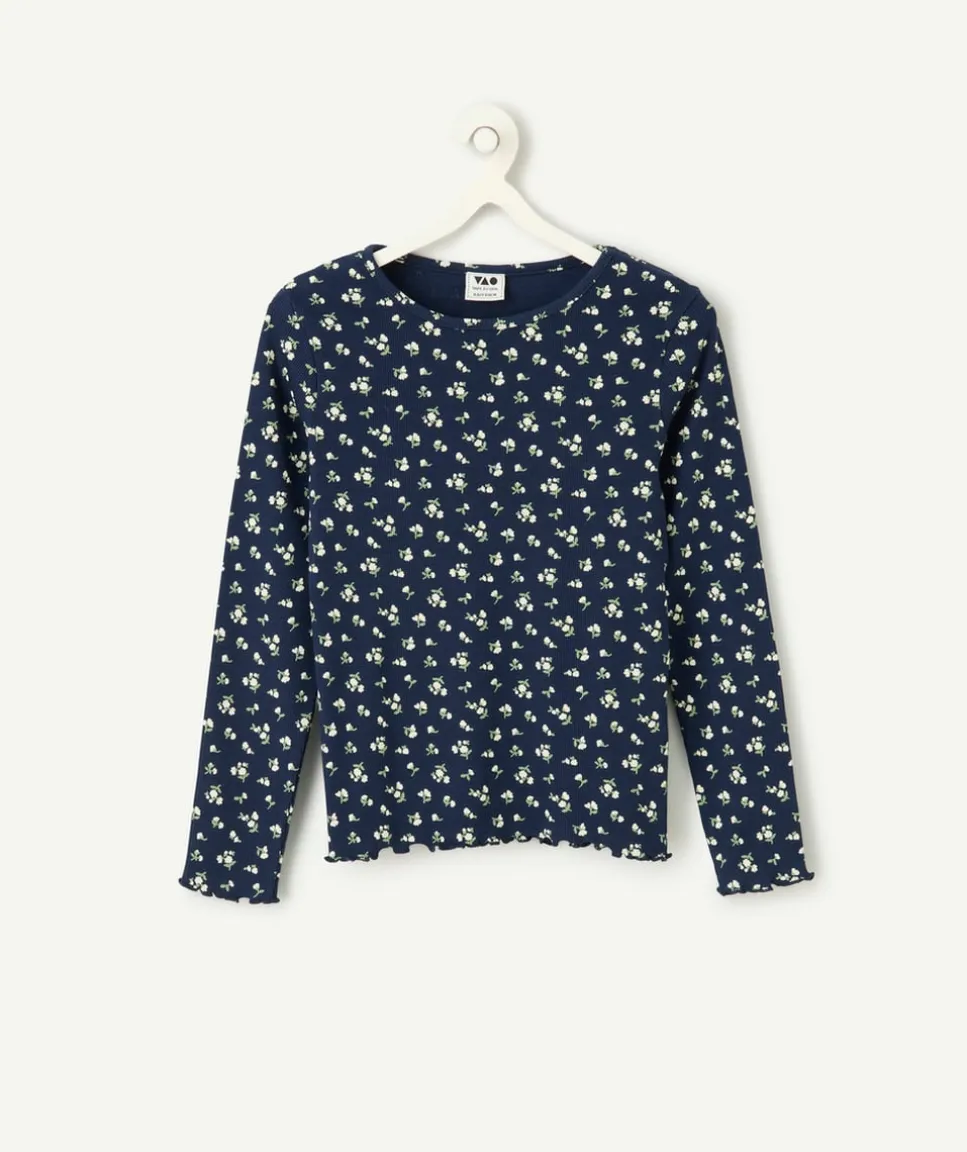 T-shirt manches longues fille imprimé floral bleu