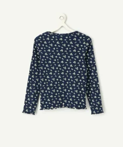 T-shirt manches longues fille imprimé floral bleu