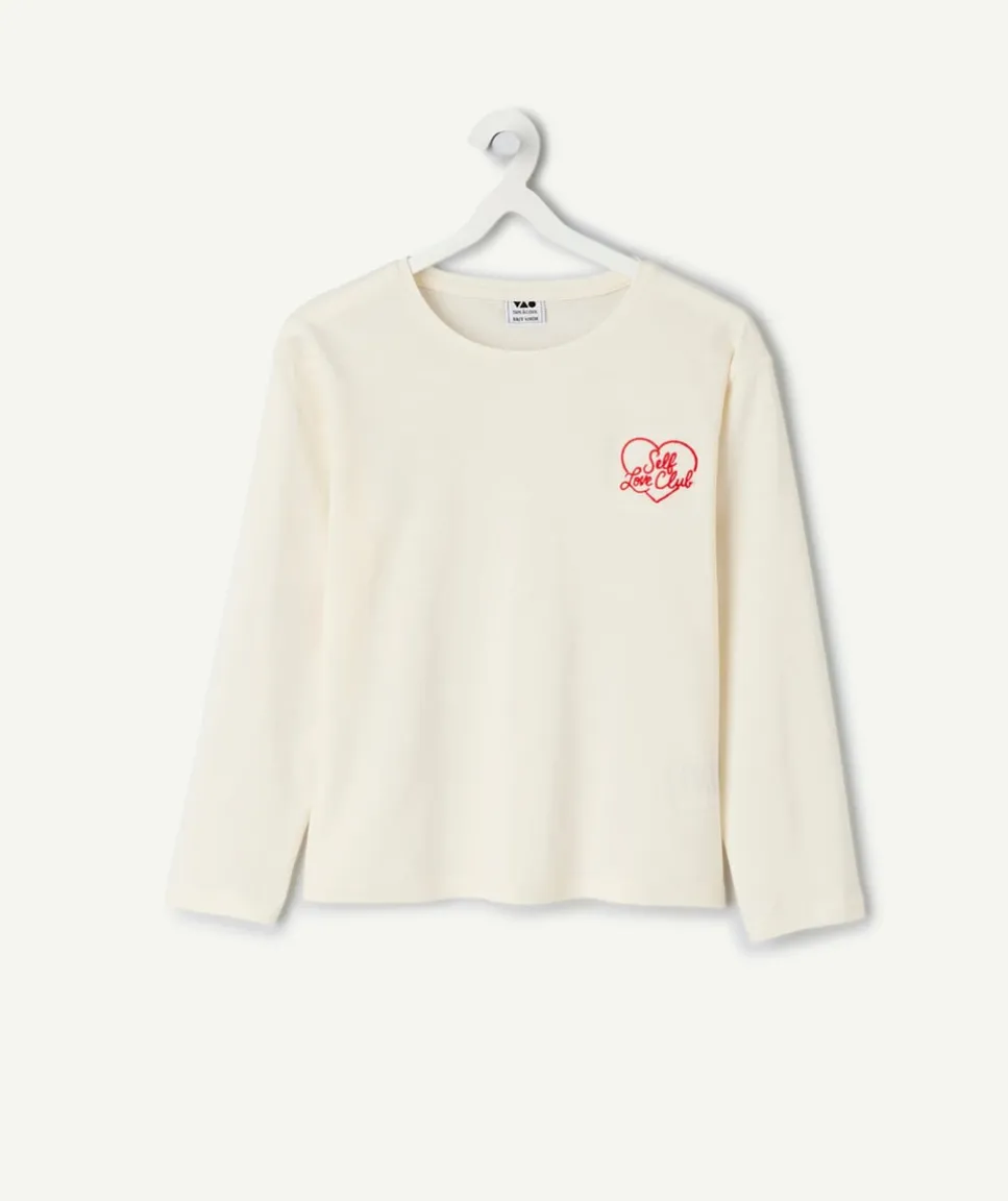 T-shirt manches longues fille coton écru brodé
