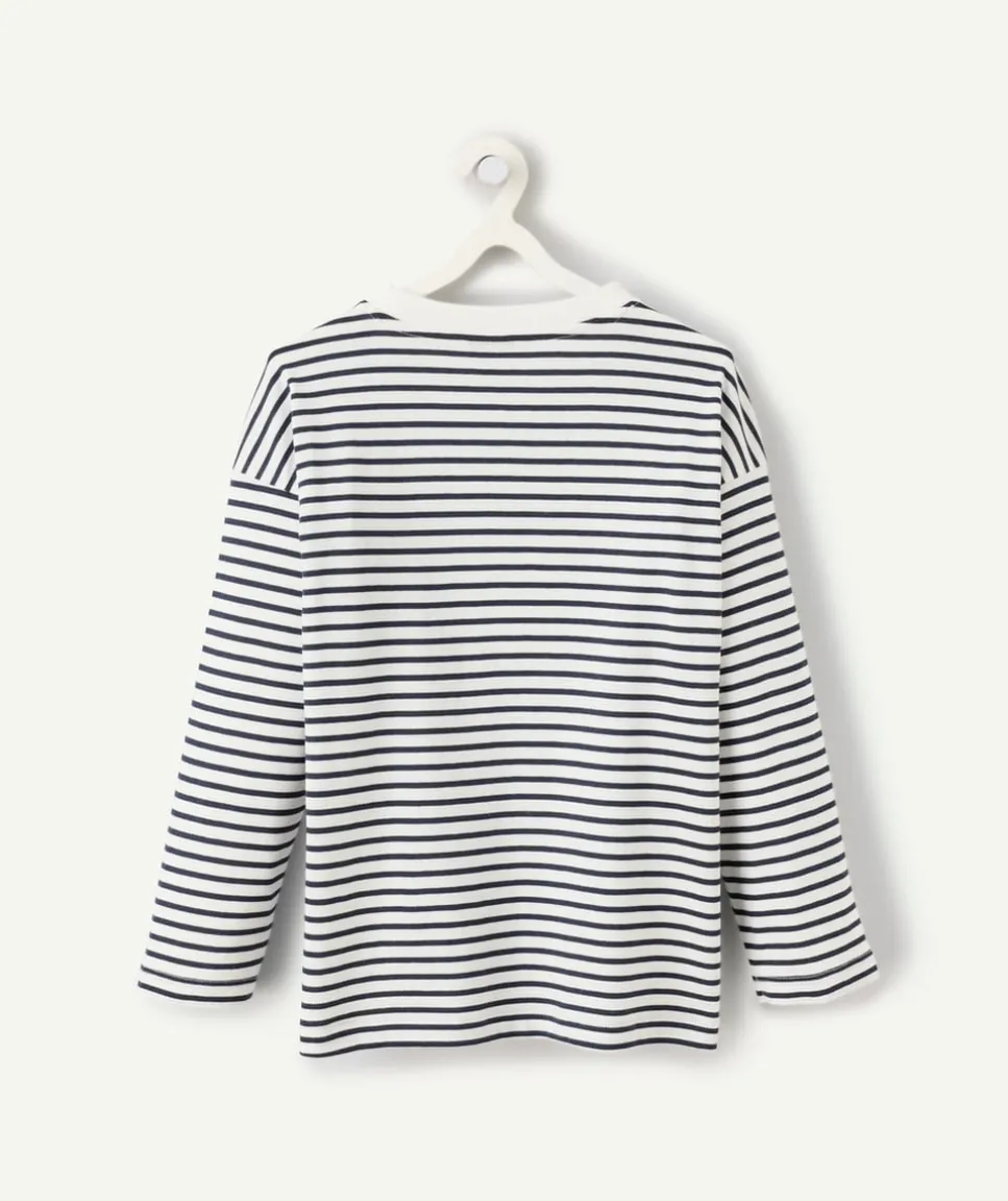 T-shirt manches longues garçon rayé blanc et bleu marine