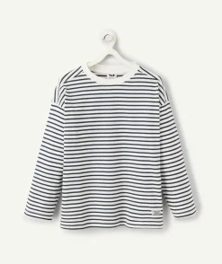 T-shirt manches longues garçon rayé blanc et bleu marine