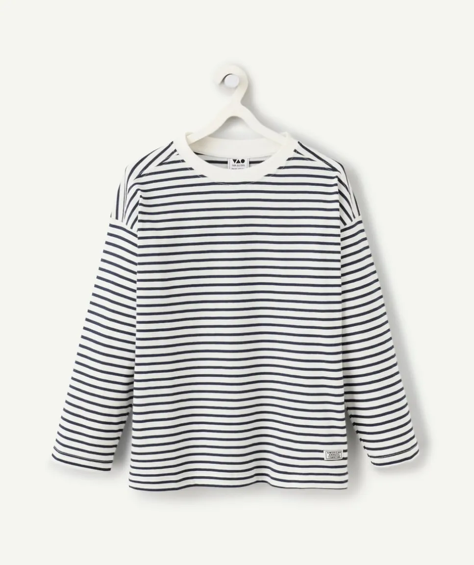T-shirt manches longues garçon rayé blanc et bleu marine