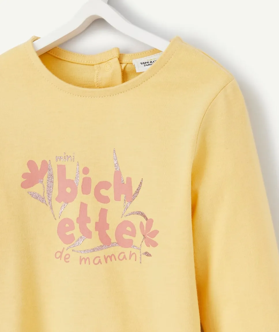 T-shirt manches longues jaune avec message bébé fille