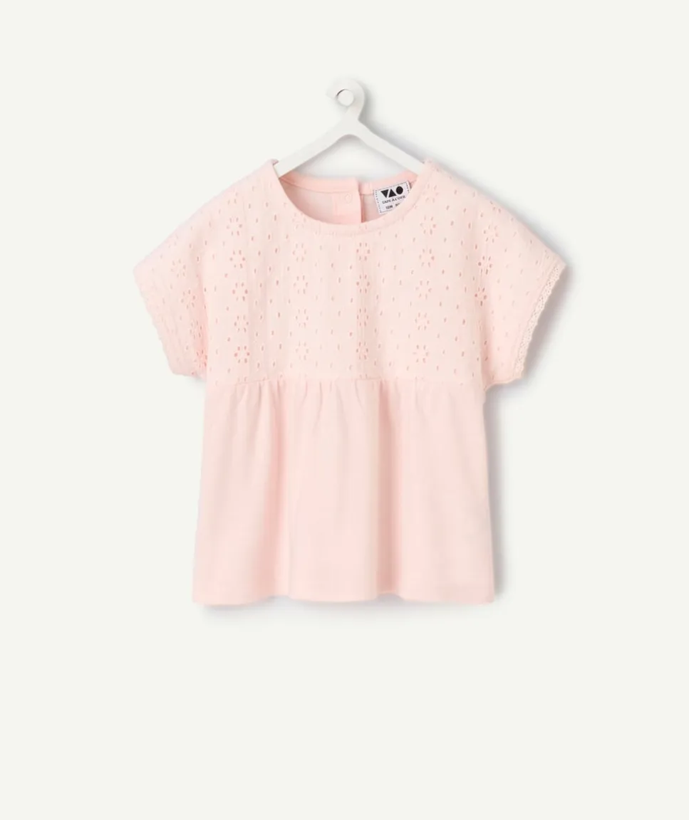 T-shirt rose a broderie anglaise fille