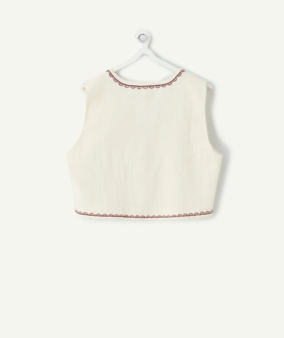 Veste fille sans manches brodée écrue