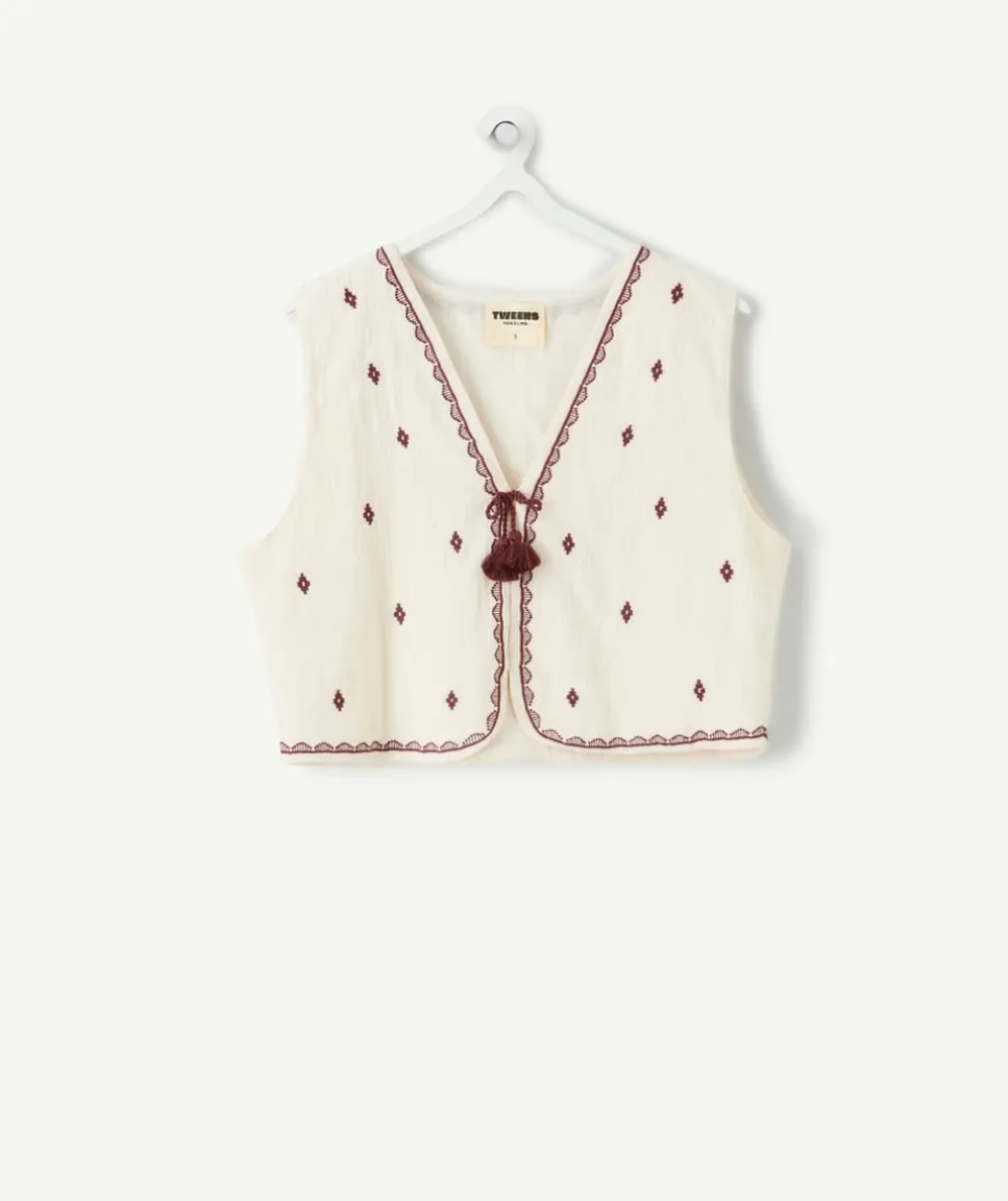 Veste fille sans manches brodée écrue