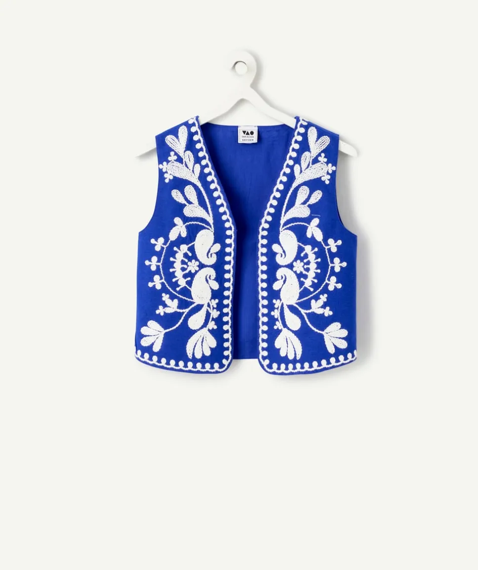 Veste sans manche fille brodé bleu