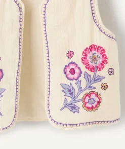 Veste sans manches fille brodée écru