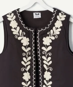 Veste sans manches fille coton noir brodé