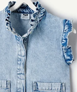 Veste sans manches jean fille à volants