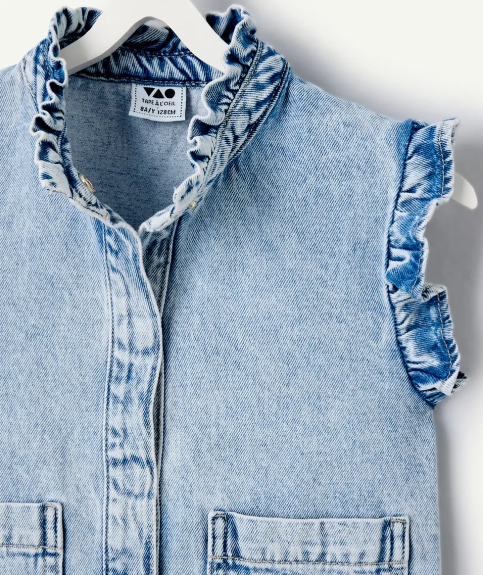 Veste sans manches jean fille à volants